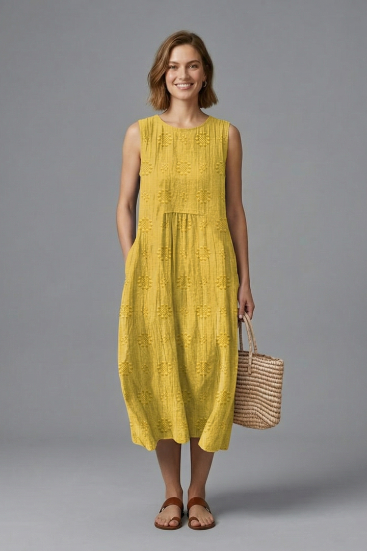 Women’s Midi Dress with Round Neck and Sleeveless Design