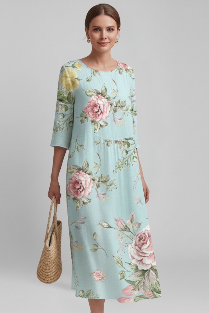 Women’s Midi Dress with Round Neckline and Floral Pattern