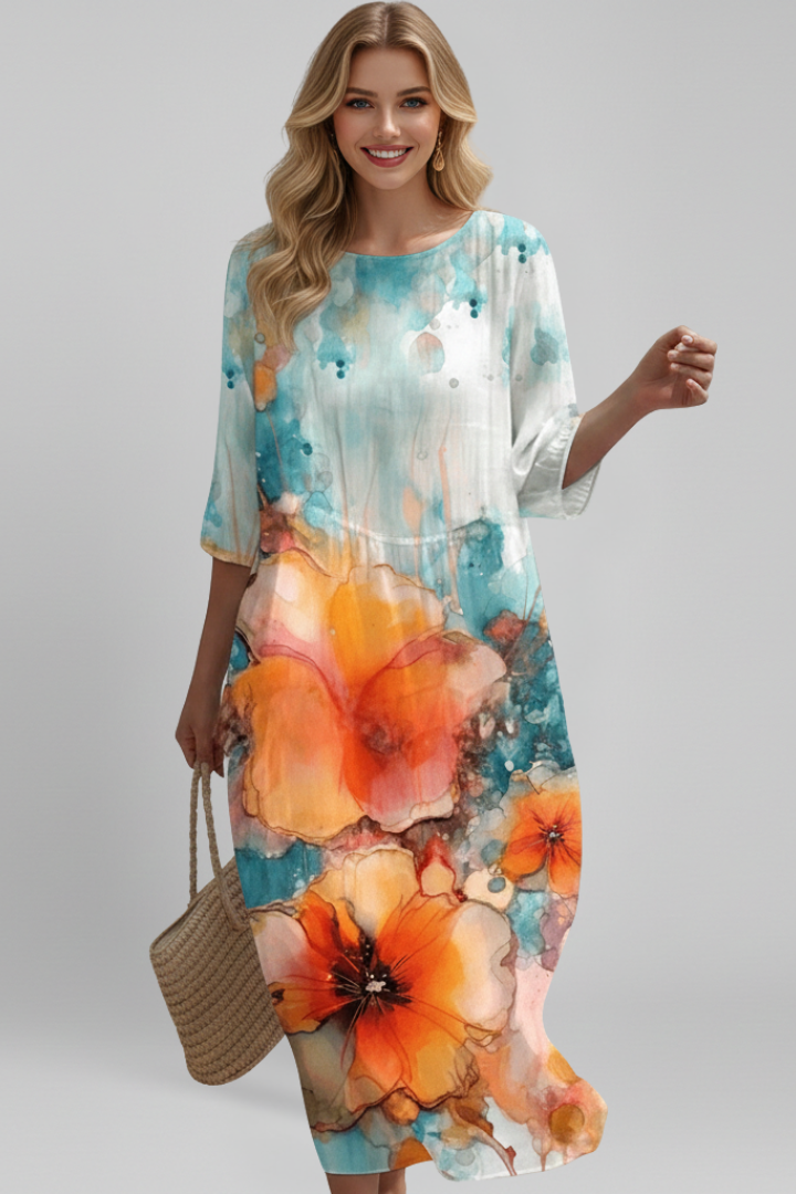 Women’s Midi Dress with Round Neckline and Floral Pattern