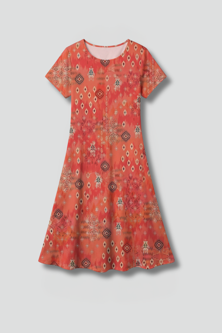 Women’s Midi Dress with Short Sleeves and Printed Surface