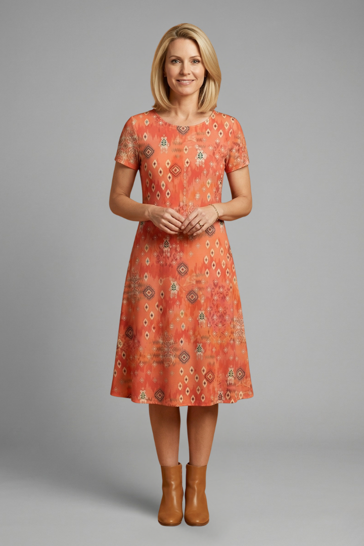 Women’s Midi Dress with Short Sleeves and Printed Surface