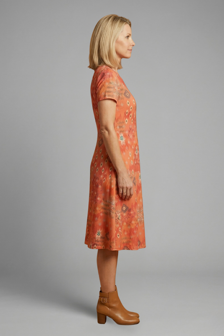 Women’s Midi Dress with Short Sleeves and Printed Surface