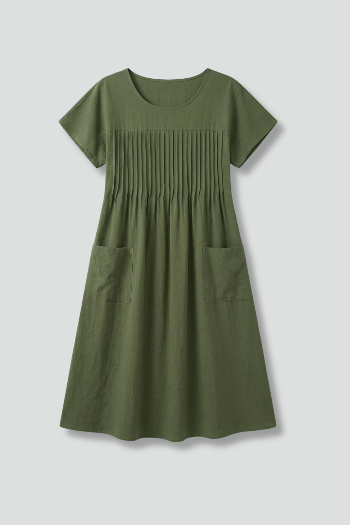 Women’s Midi Dress with Short Sleeves and Side Pockets