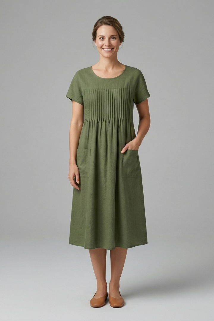 Women’s Midi Dress with Short Sleeves and Side Pockets