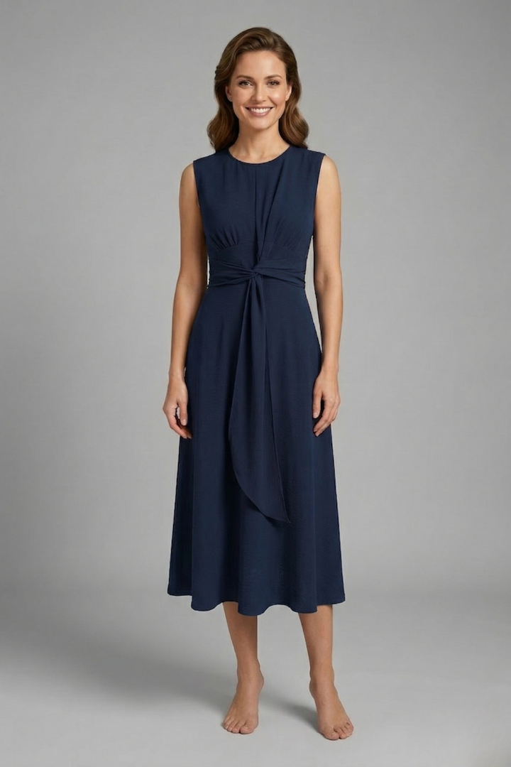Women’s Midi Dress with Sleeveless Design and Round Neckline