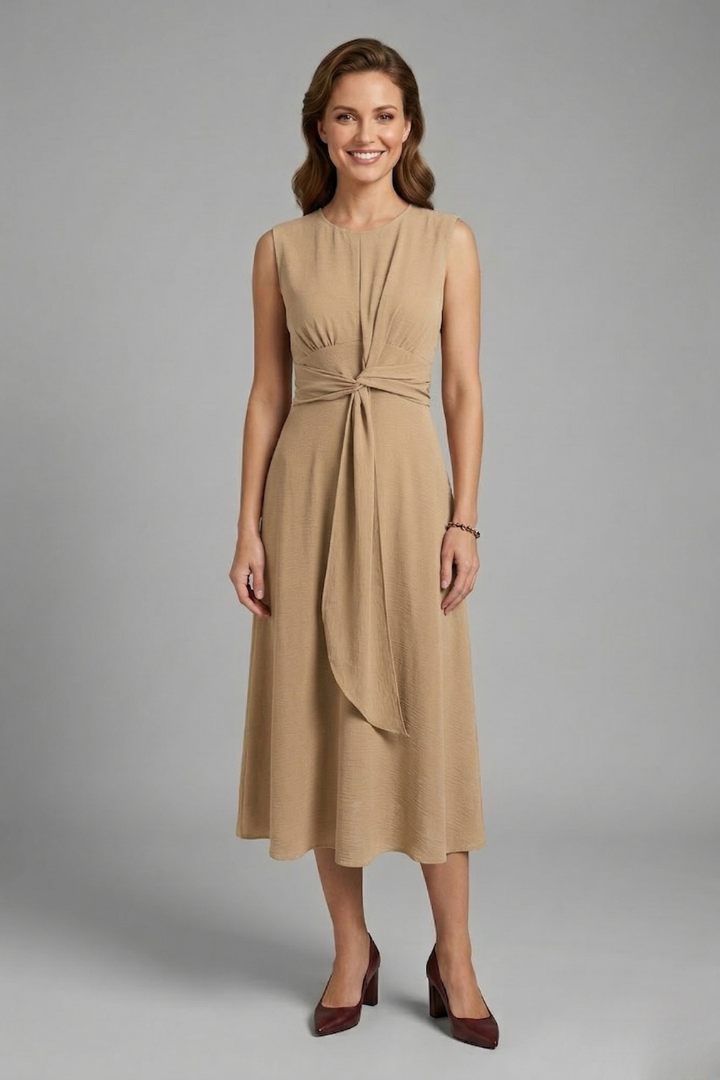 Women’s Midi Dress with Sleeveless Design and Round Neckline