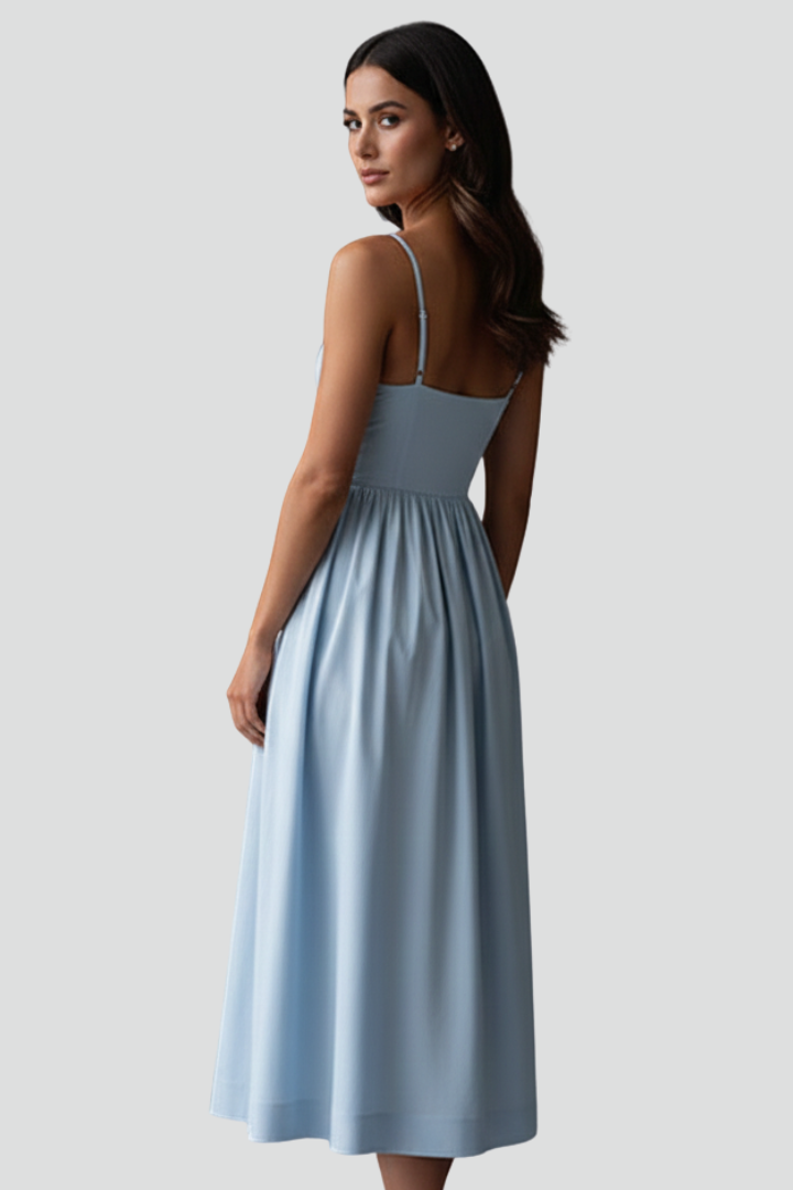 Women’s Midi Dress with Spaghetti Straps and Gathered Waist