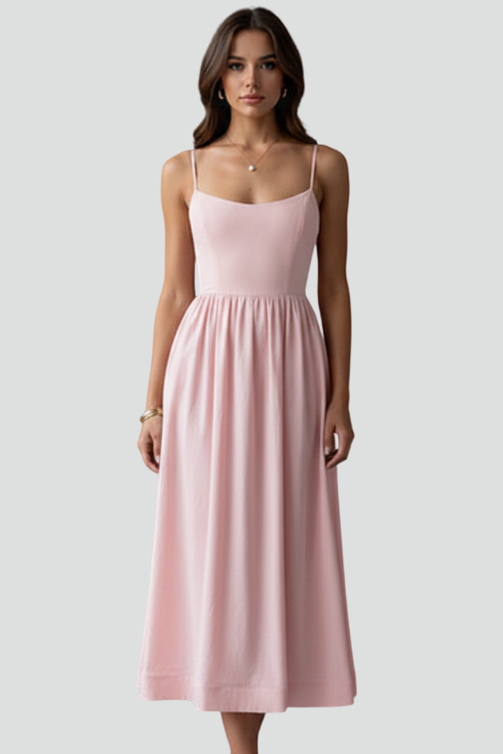 Women’s Midi Dress with Spaghetti Straps and Gathered Waist