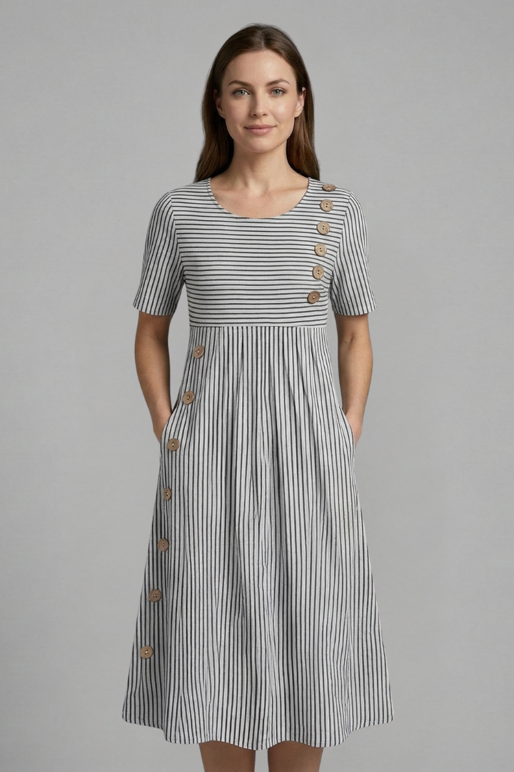 Women’s Midi Dress with V-Neck and Button Detail