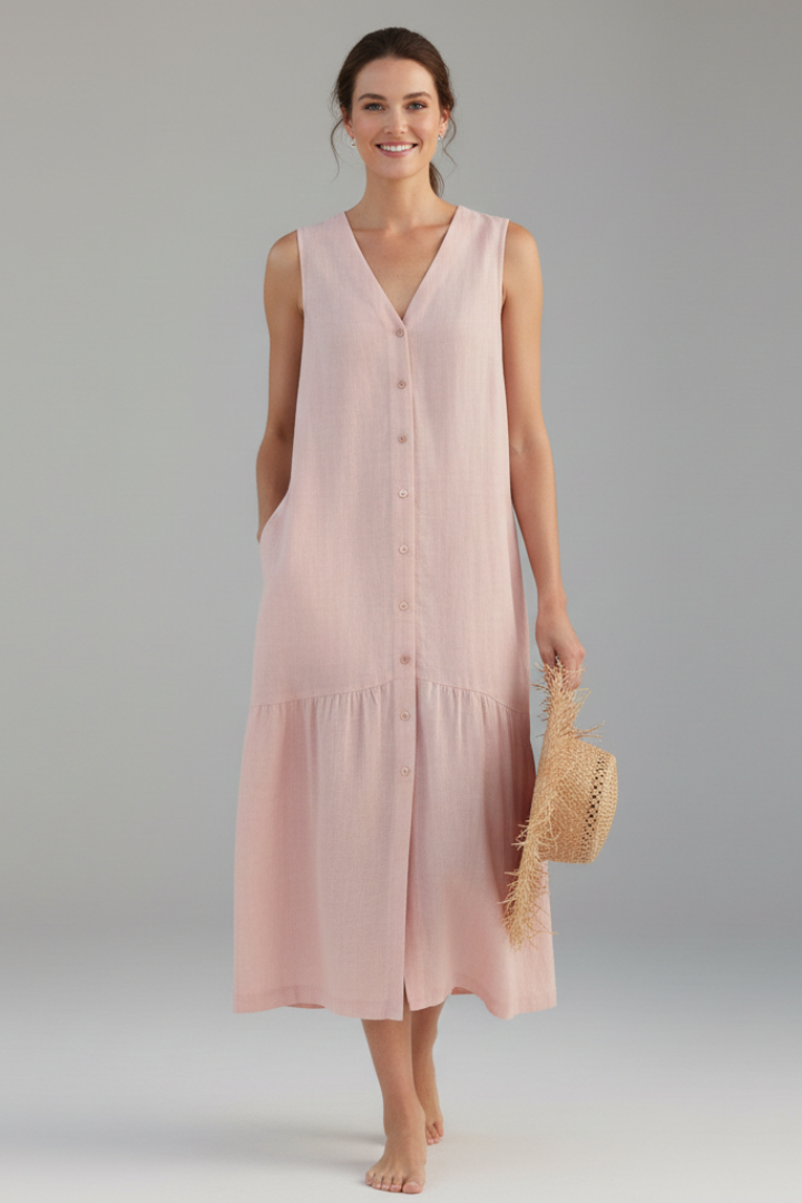 Women’s Midi Dress with V-Neck and Button Front