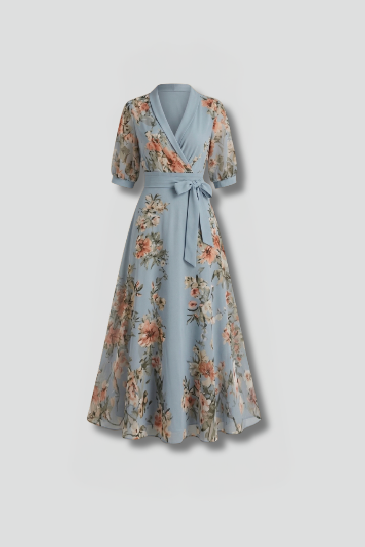 Women's Midi Dress - V Neckline - Floral Pattern - Short Sleeves