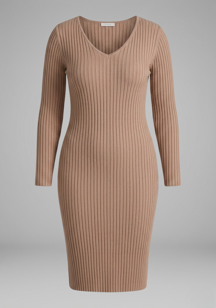 Women’s Ribbed V-Neck Long-Sleeve Bodycon Midi Dress