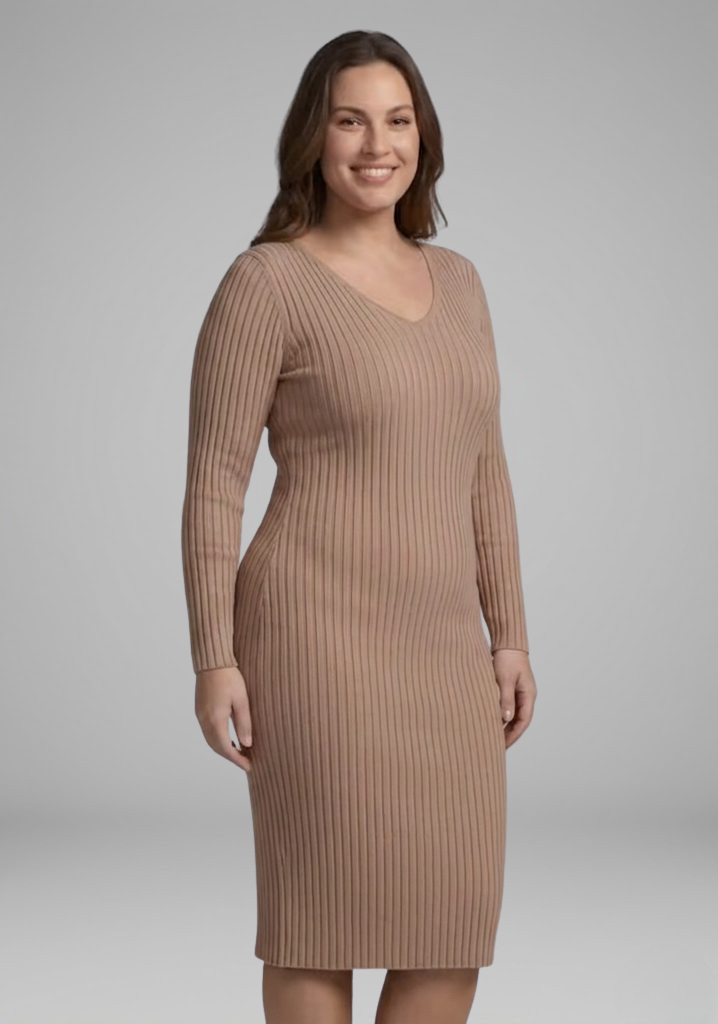 Women’s Ribbed V-Neck Long-Sleeve Bodycon Midi Dress