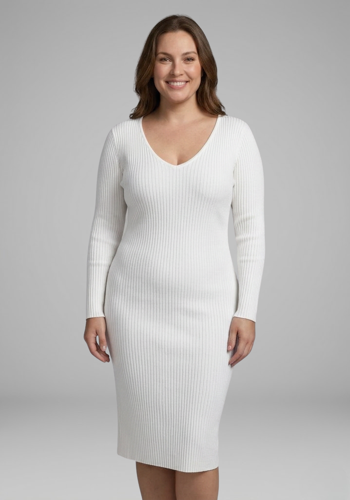Women’s Ribbed V-Neck Long-Sleeve Bodycon Midi Dress