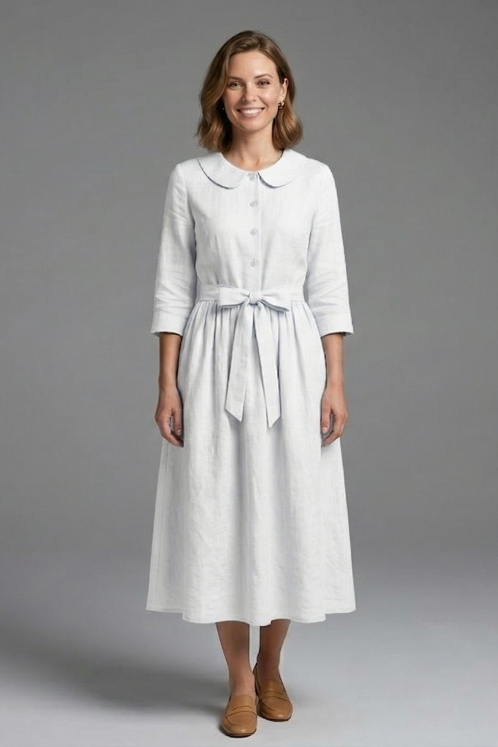 Women’s Midi Dress with V-Neck and Waist Tie