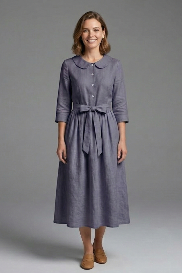 Women’s Midi Dress with V-Neck and Waist Tie