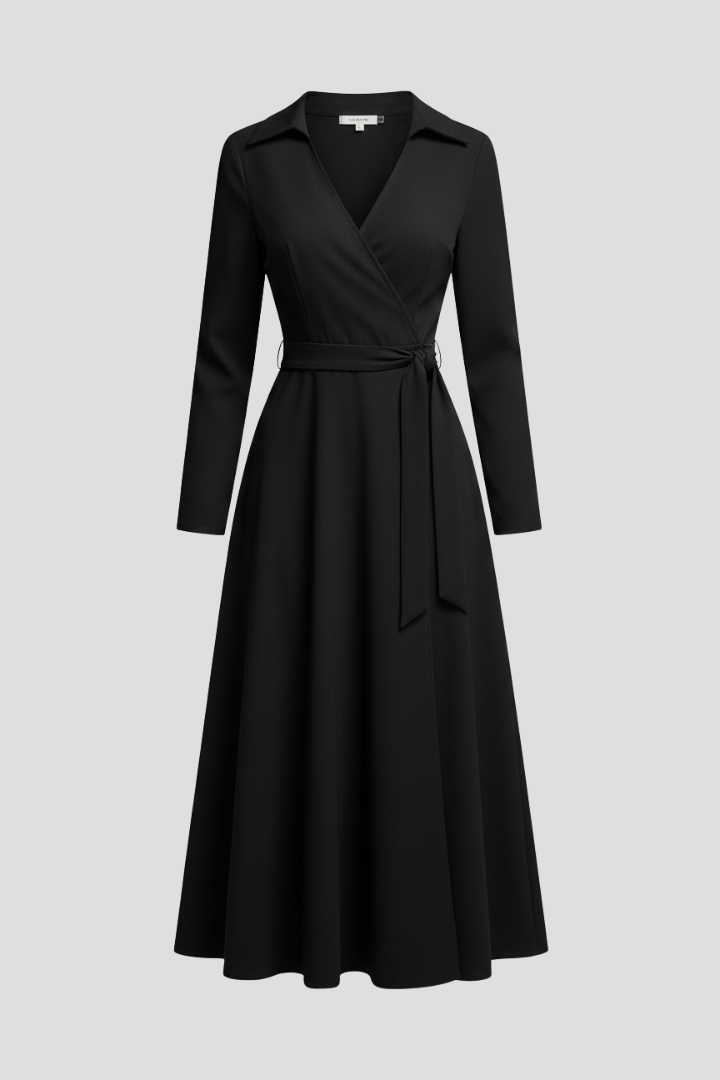 black a-line dresses Women's midi dress with V-shaped neckline - lapel collar - long sleeves -  waist tie