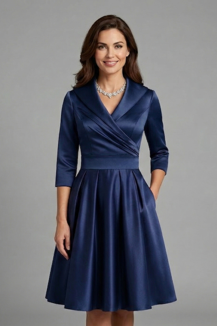 Women’s Midi Dress with V Neck and Pleated Waist