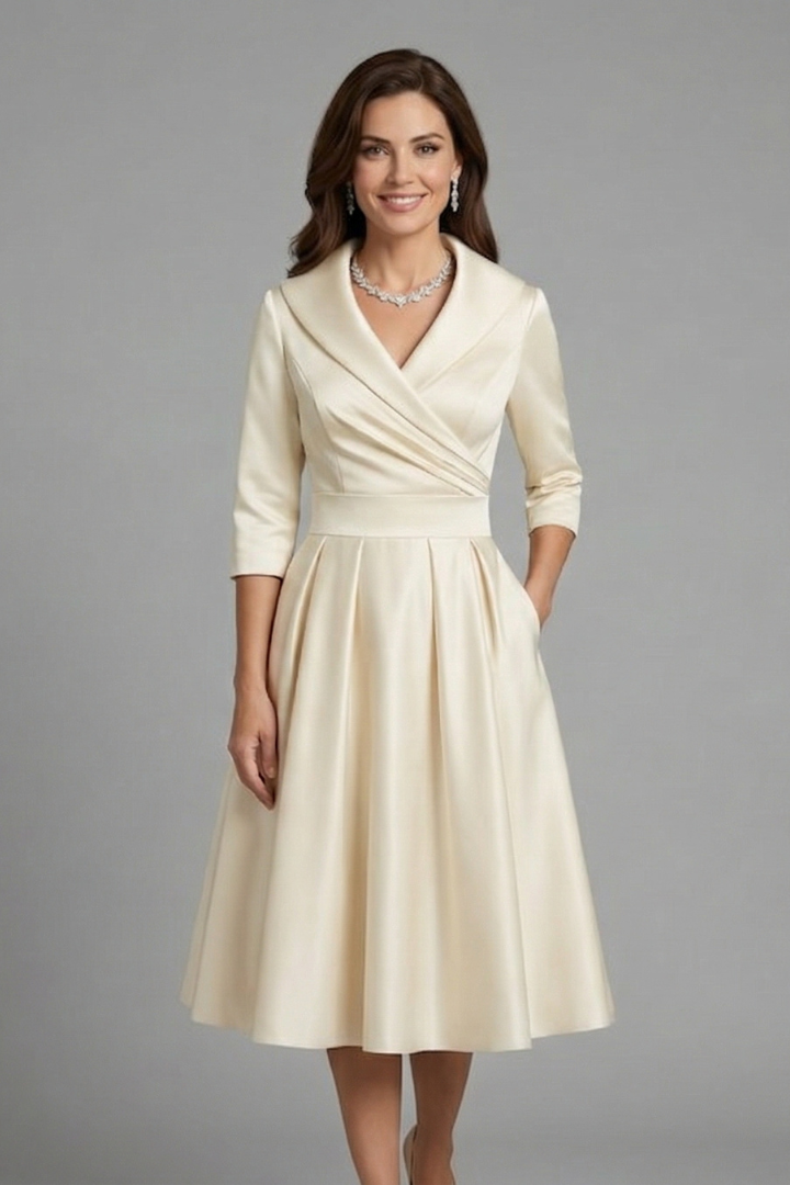 Women’s Midi Dress with V Neck and Pleated Waist