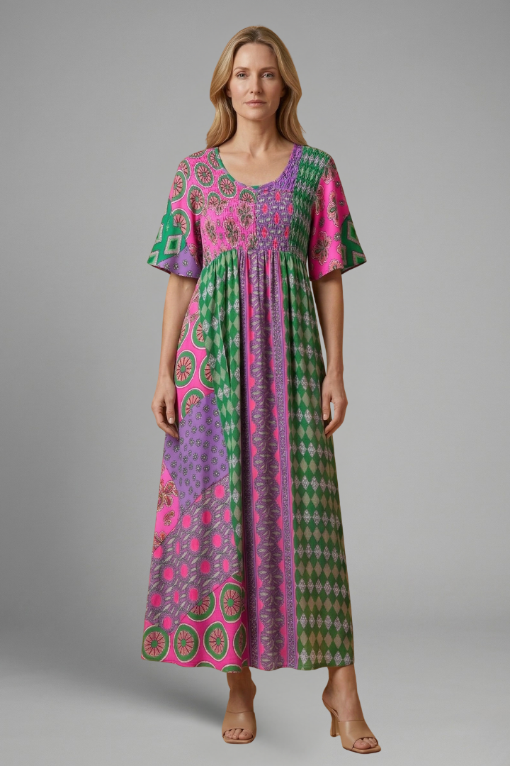 Women’s Midi Dress with Paisley Pattern and Round Neckline