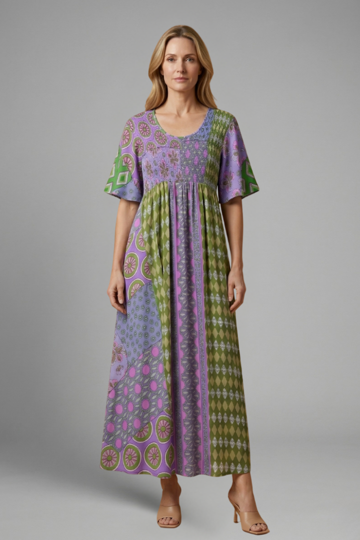 Women’s Midi Dress with Paisley Pattern and Round Neckline
