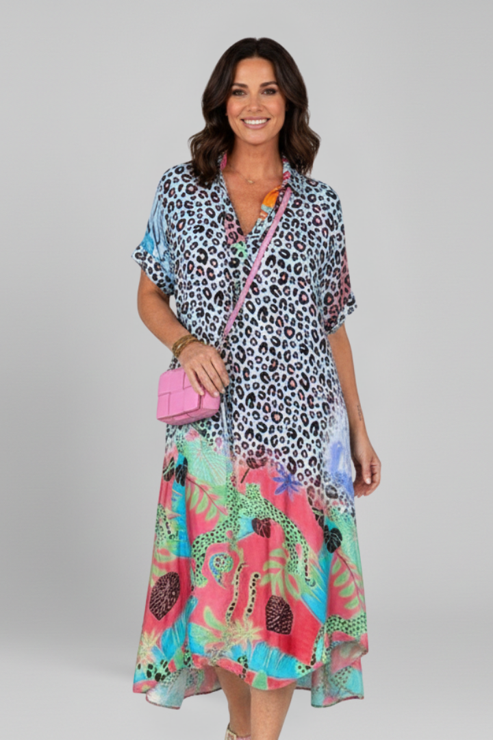 Women’s Midi Dress with V Neckline and Patterned Surface