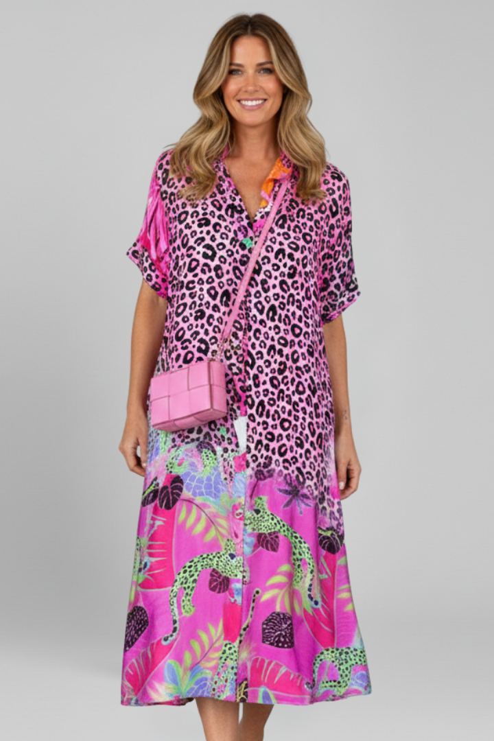 Women’s Midi Dress with V Neckline and Patterned Surface