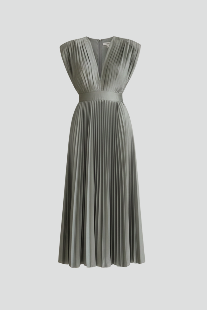 Women’s Midi Dress with V Neckline and Pleated Skirt