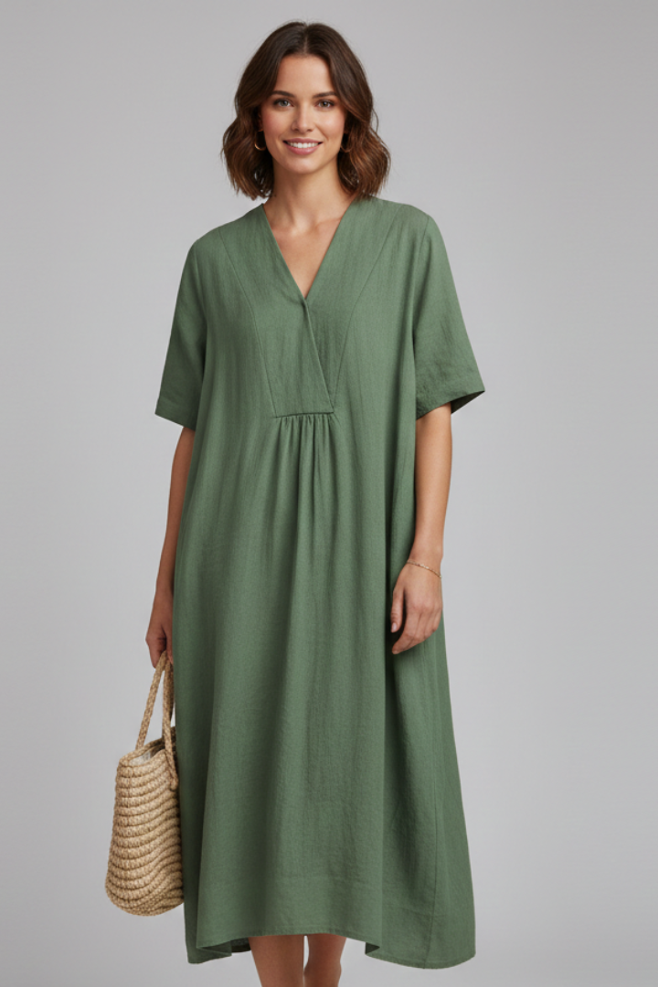 Women’s Midi Dress with V Neckline and Short Sleeves
