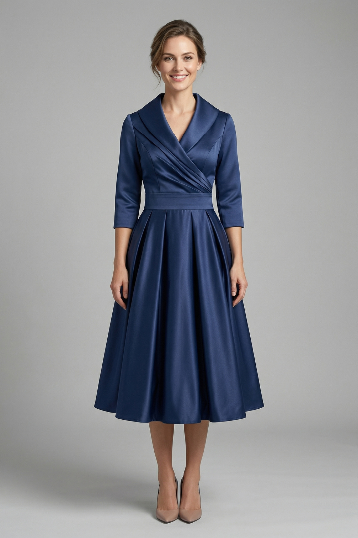 Women’s Midi Dress with Wrap Neck and Pleated Skirt