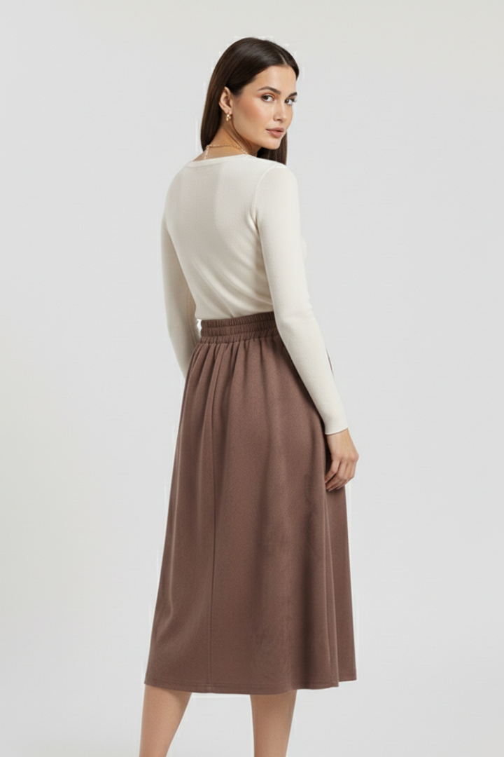 Women’s Midi Skirt with Button Front and Elastic Waist