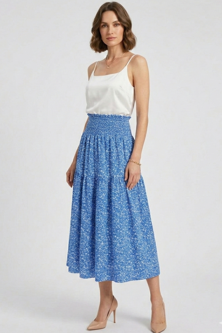 Women’s Midi Skirt with Elastic Waist and Floral Print