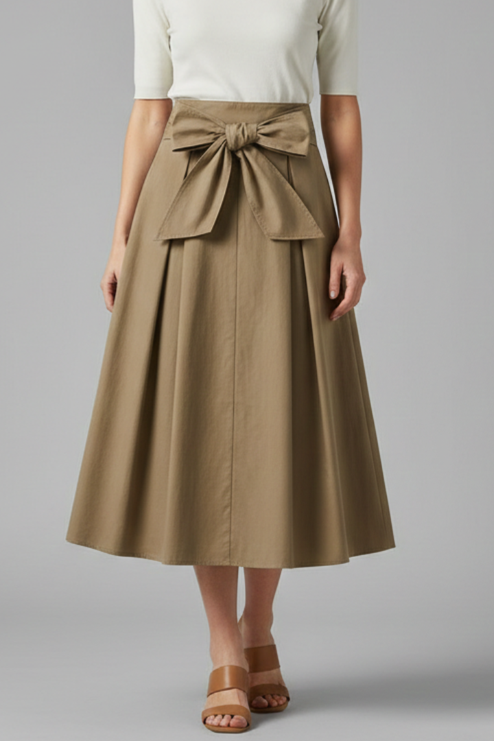 Women’s Midi Skirt with High Waist and Bow Detail