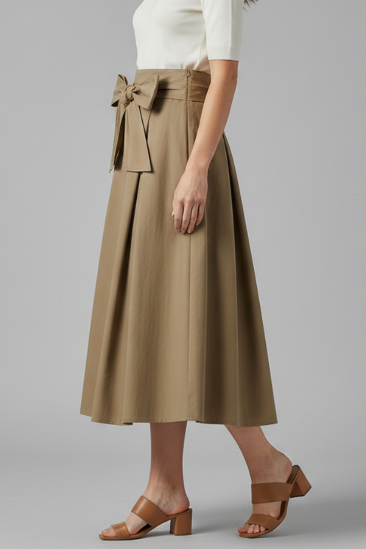 Women’s Midi Skirt with High Waist and Bow Detail