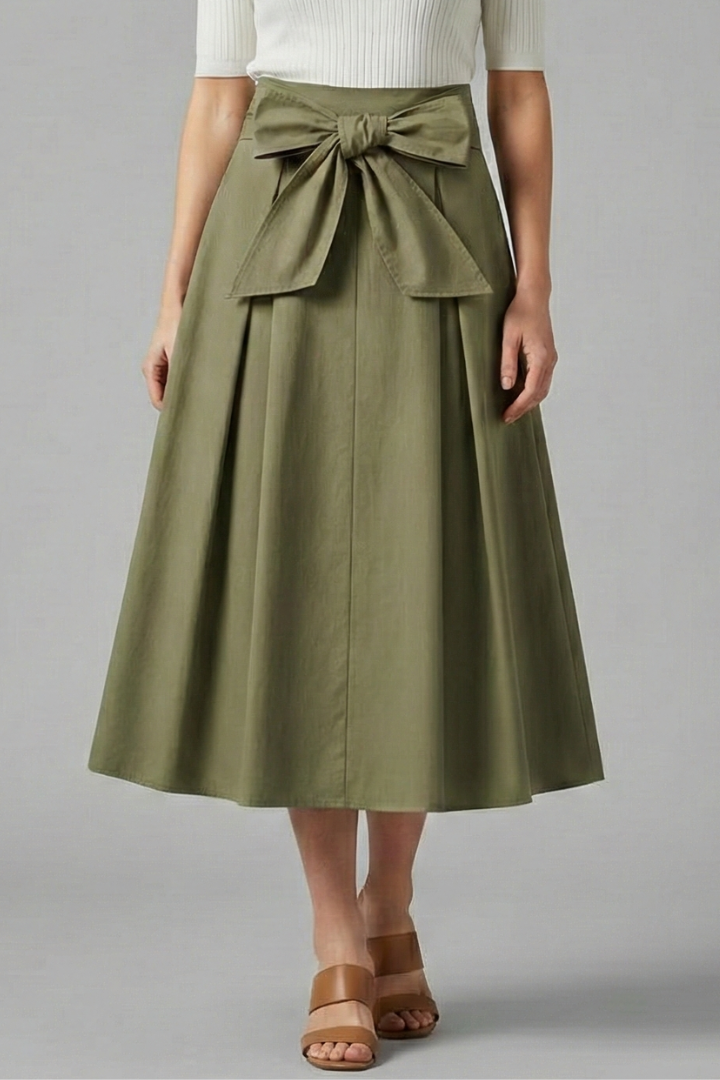Women’s Midi Skirt with High Waist and Bow Detail