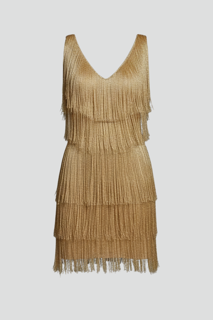 Women’s Mini Dress with V Neckline and Fringe Surface