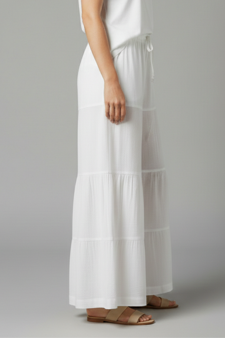 Women’s Palazzo Trousers with Elastic Waist and Tiered Hem