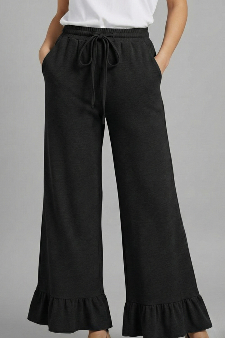 Women’s Palazzo Trousers with Ruffle Hem and Drawstring Waist