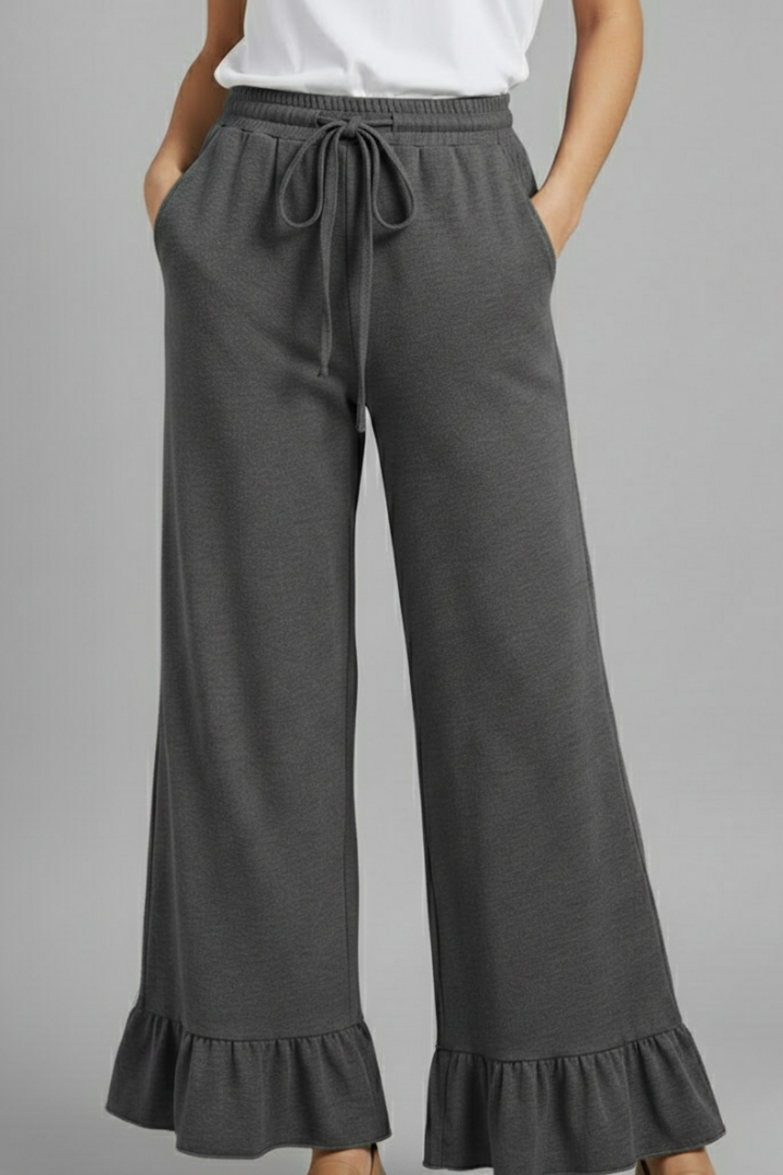 Women’s Palazzo Trousers with Ruffle Hem and Drawstring Waist