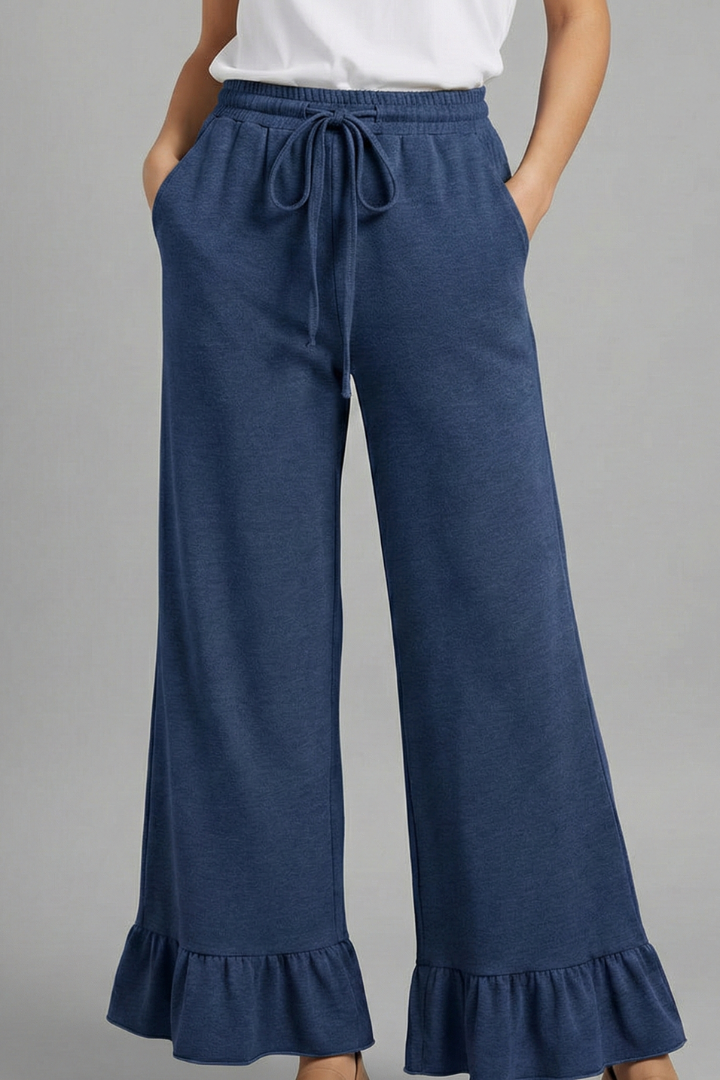 Women’s Palazzo Trousers with Ruffle Hem and Drawstring Waist