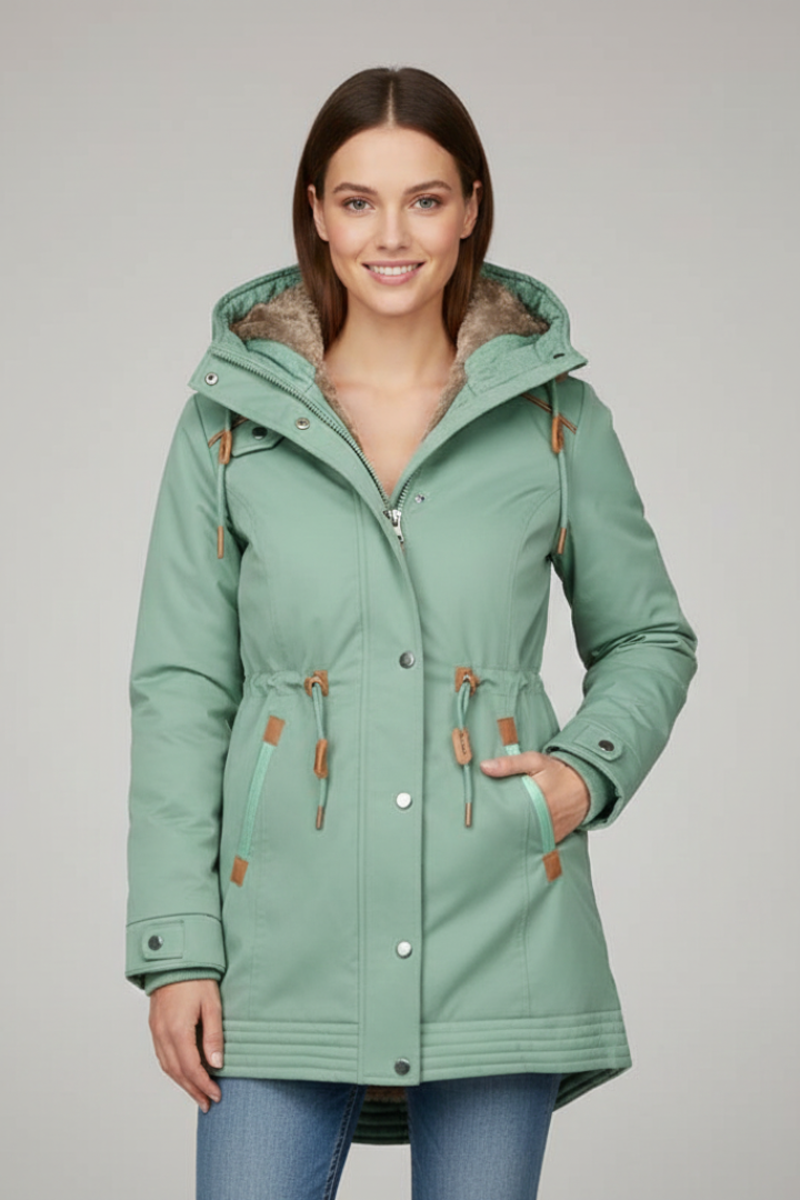 Women’s Parka Jacket with Hood and Drawcord Waist