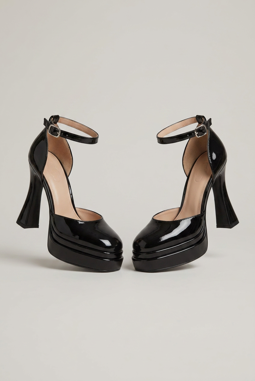 Women's Patent Platform High Heel Pumps with Ankle Strap and Buckle Closure