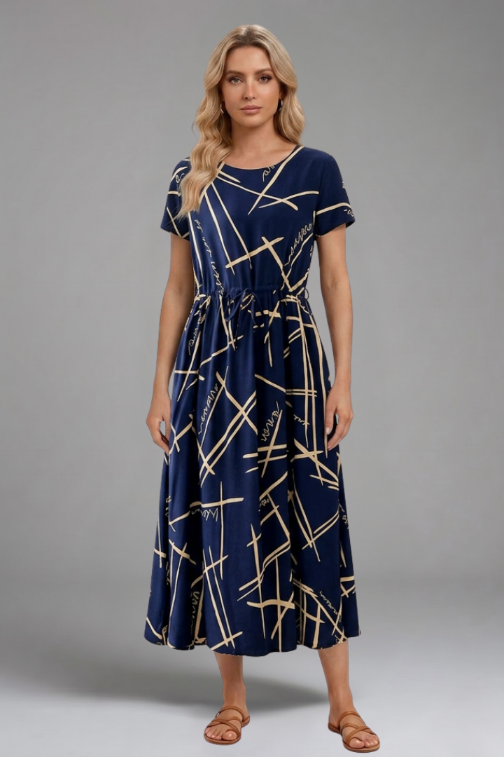 Women's Printed Midi Dress with Drawstring for Casual Wear