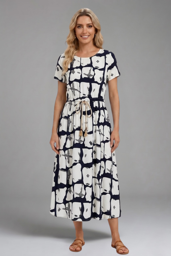 Women's Printed Midi Dress with Drawstring for Casual Wear