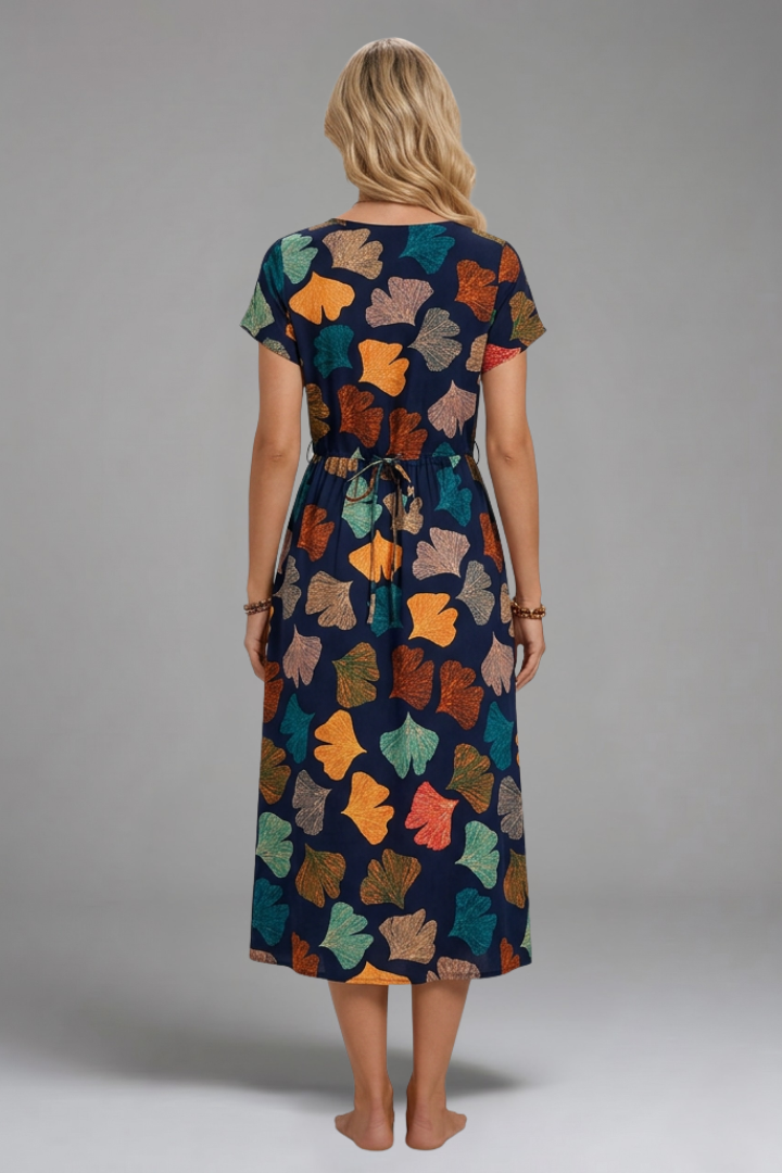 Women's Printed Midi Dress with Drawstring for Casual Wear