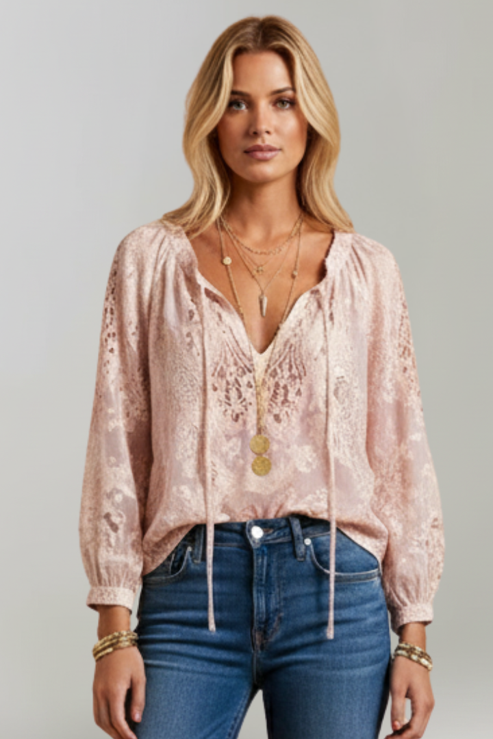Women’s Sheer Blouse with Crochet Detail and Tie Neckline