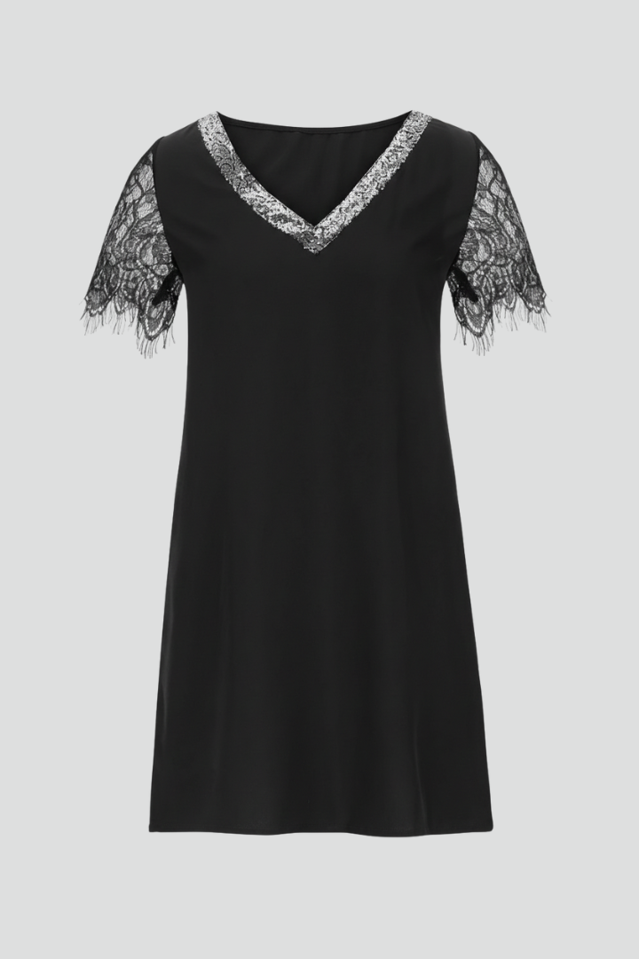 Women’s Short Dress with V Neckline and Lace Sleeves