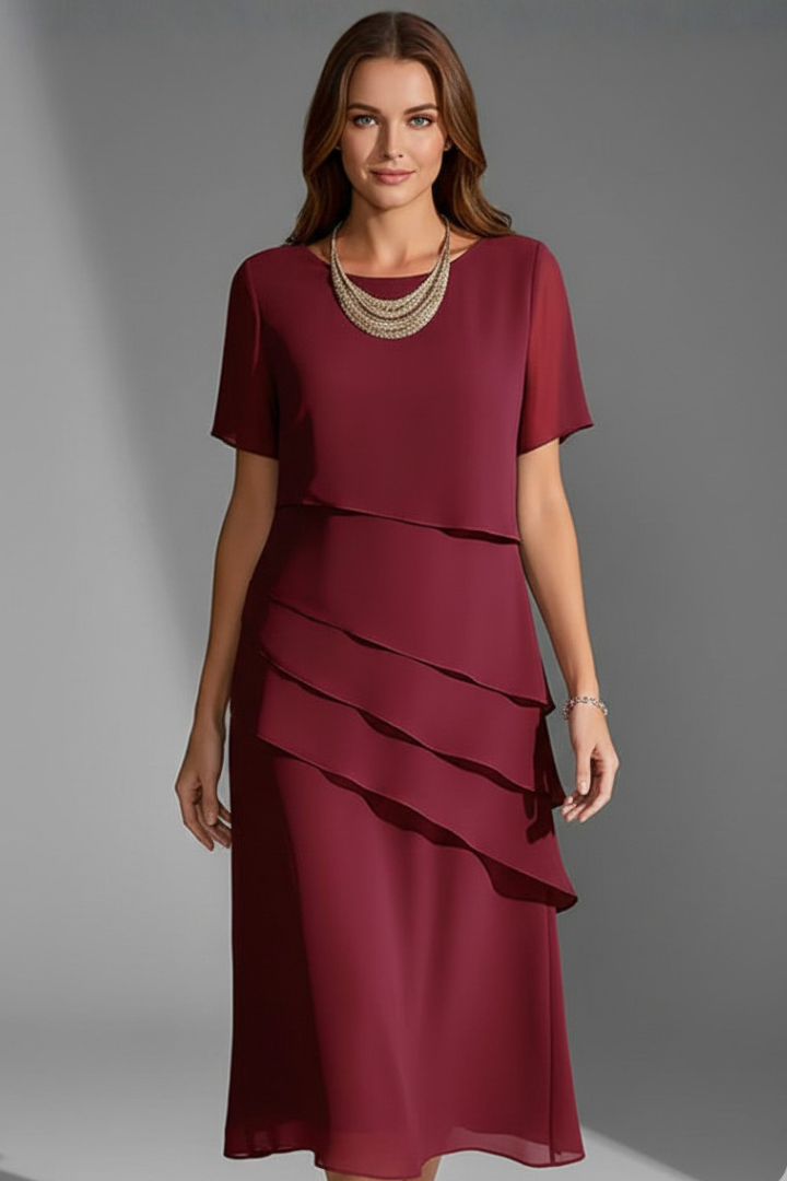 Women’s Short Sleeve Dress with Layered Front and Straight Hem