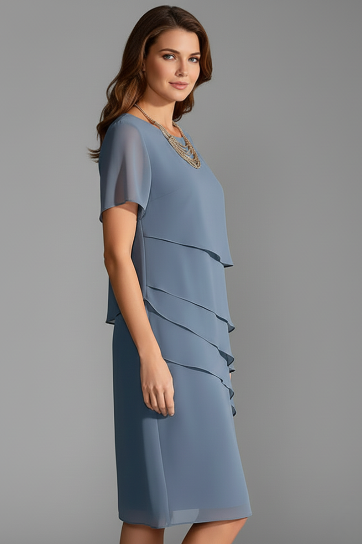 Women’s Short Sleeve Dress with Layered Front and Straight Hem