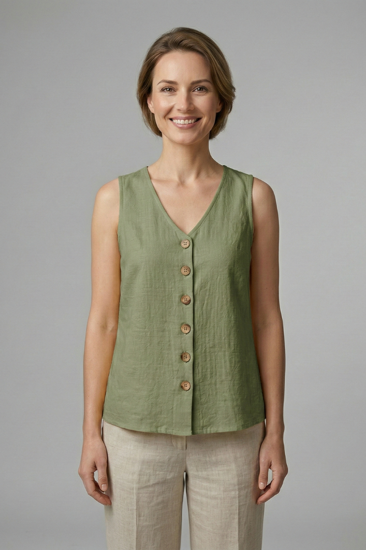 Women’s Sleeveless Blouse with V-Neck and Button Front